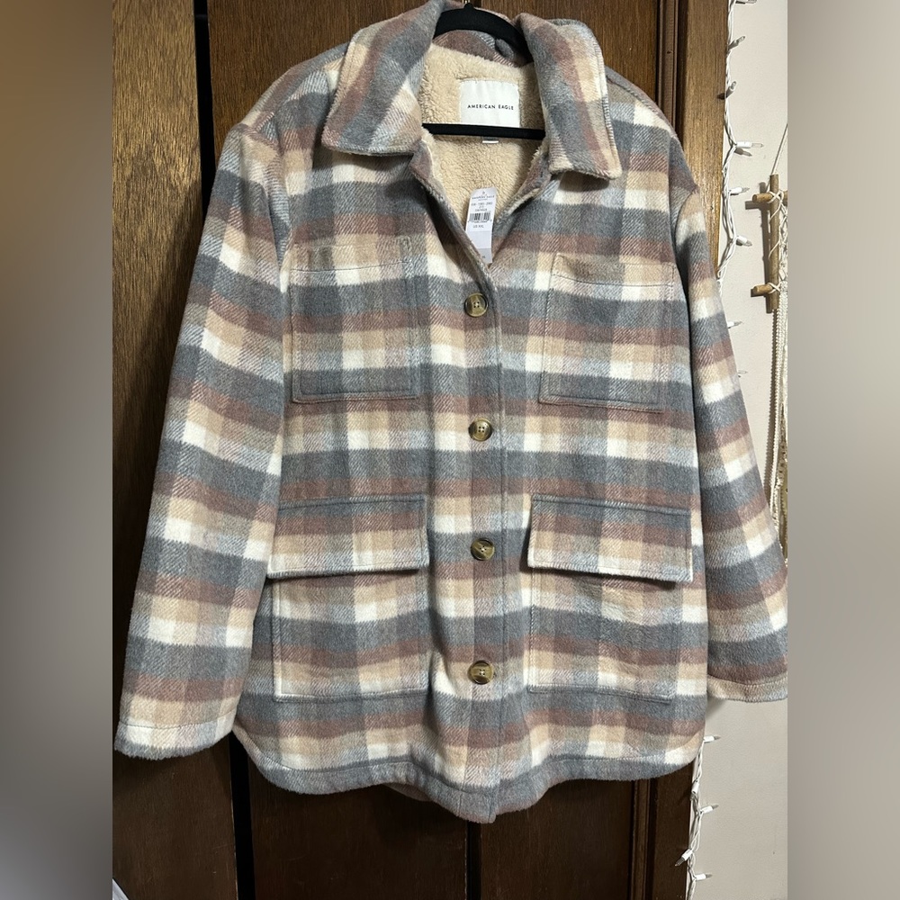 American Eagle jacket, plaid gray, tan, brown. XXL, never worn still has tags